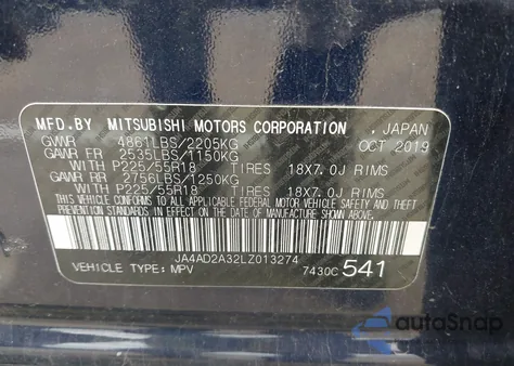 2020 Mitsubishi Outlander Es 2.4 из США, поврежденный, VIN JA4AD2A32LZ013274